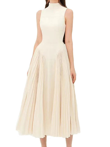 Woochic robe cocktail plissé et couture taille haute,longue abricot S